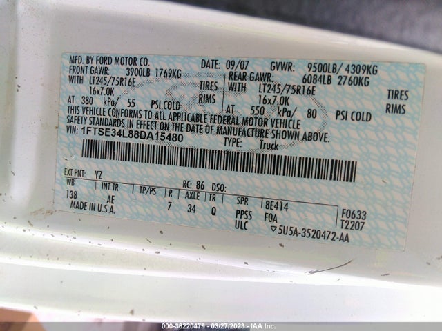 2008 FORD ECONOLINE CARGO VAN COMMERCIAL/RECREATIONAL VIN: 1FTSE34L88DA15480