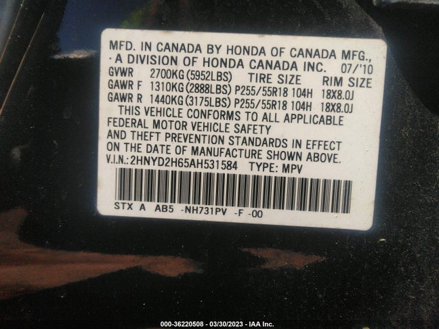 Aukcja sprzedaży 2010 Acura Mdx Technology Pkg, vin: 2HNYD2H65AH531584, numer aukcji: 36220508