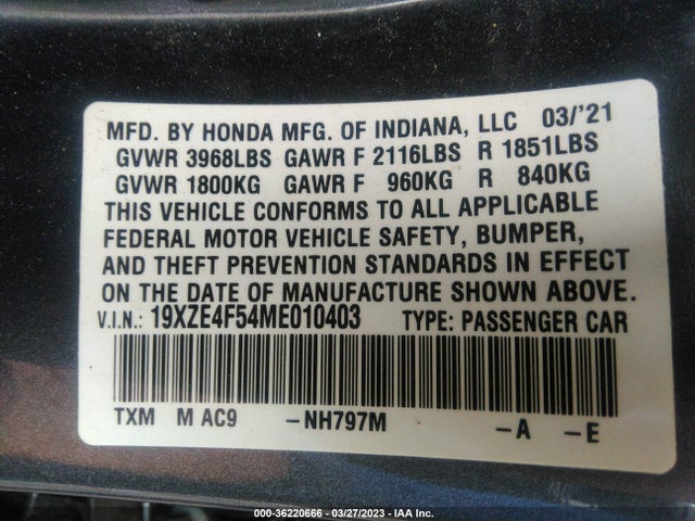 2021 HONDA INSIGHT EX VIN: 19XZE4F54ME010403