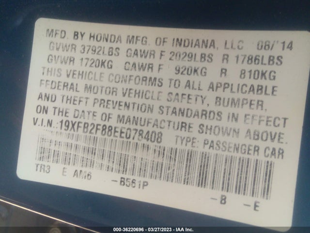 2014 HONDA CIVIC SEDAN EX VIN: 19XFB2F88EE078408