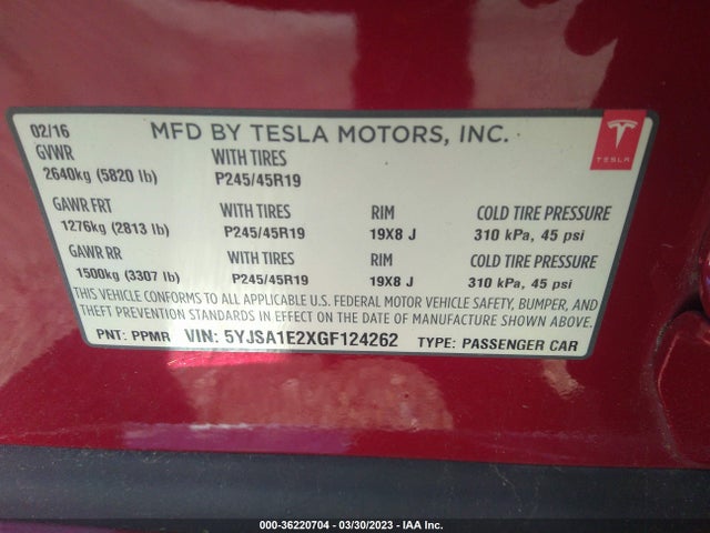 Tesla Model S 90d/70d/75d/60d/85d 2016 5YJSA1E2XGF124262 Image 11