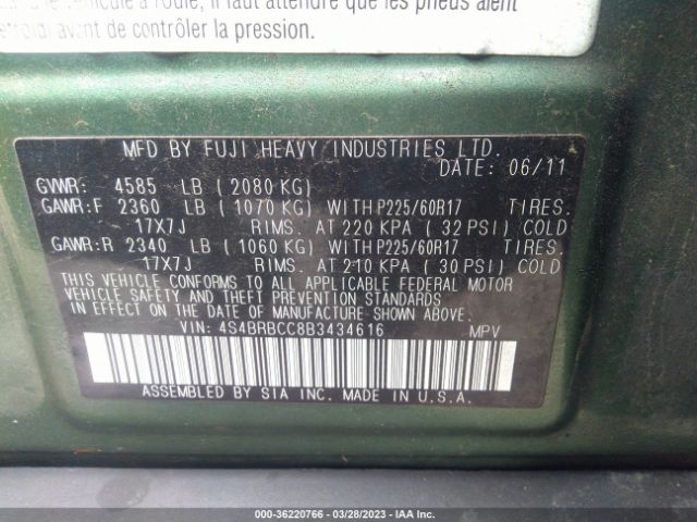 4S4BRBCC8B3434616 Subaru Outback 2.5i Prem Awp