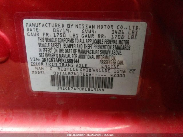 3N1CN7AP0KL869144 Nissan Versa Sedan Sv