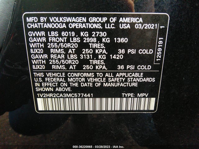 2021 VOLKSWAGEN ATLAS 3.6L V6 SE W/TECHNOLOGY VIN: 1V2HR2CA3MC577441