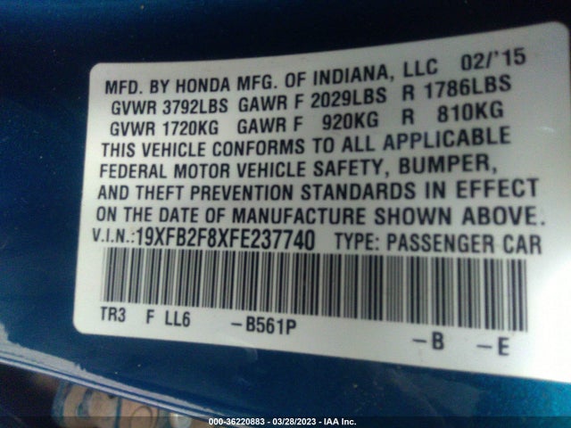 Honda Civic Sedan Ex 2015 19XFB2F8XFE237740 Image 9