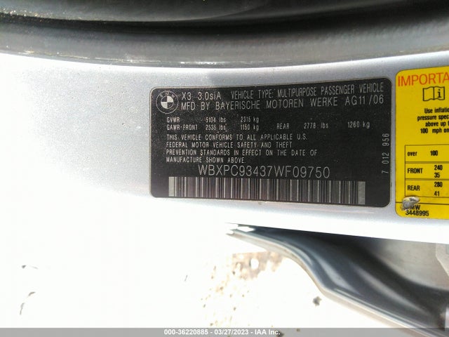2007 BMW X3 3.0SI VIN: WBXPC93437WF09750