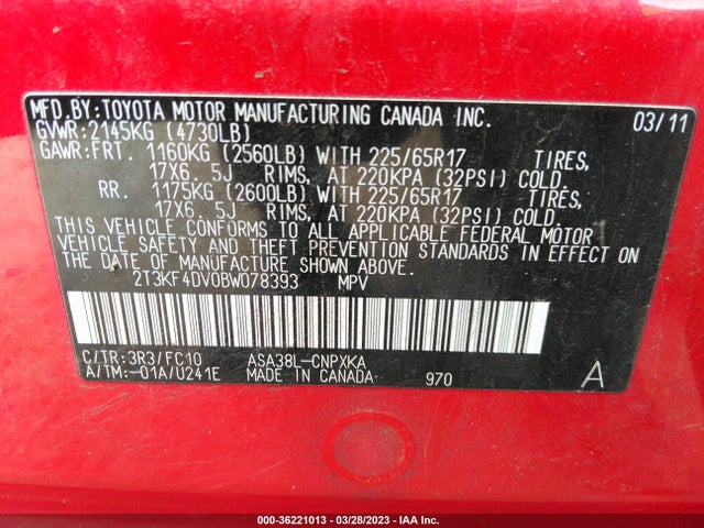 2011 TOYOTA RAV4 VIN: 2T3KF4DV0BW078393