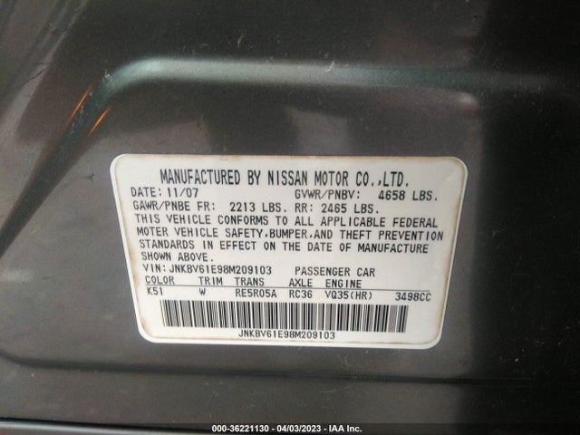 2008 INFINITI G35 SEDAN JOURNEY VIN: JNKBV61E98M209103