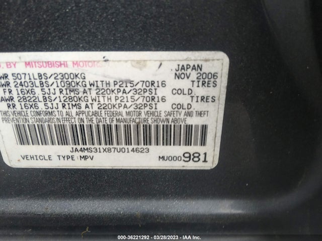 2007 MITSUBISHI OUTLANDER ES/LS VIN: JA4MS31X87U014623