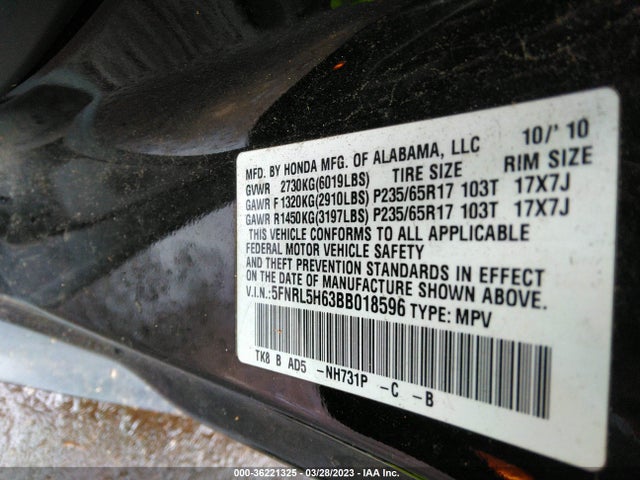 2011 HONDA ODYSSEY EX-L VIN: 5FNRL5H63BB018596