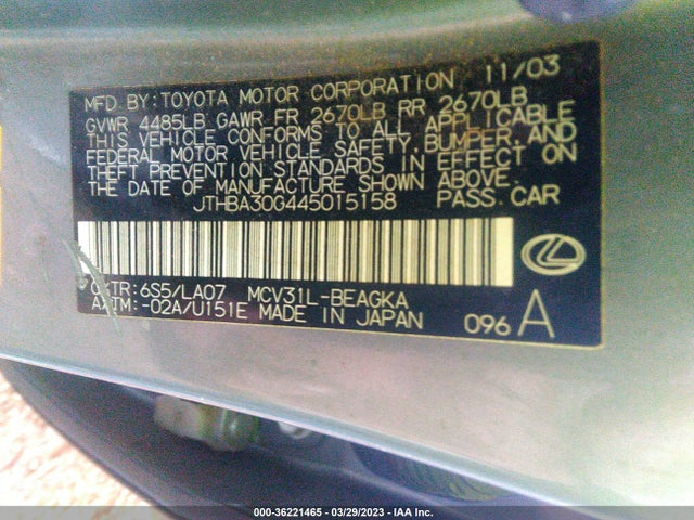 2004 LEXUS ES 330 VIN: JTHBA30G445015158