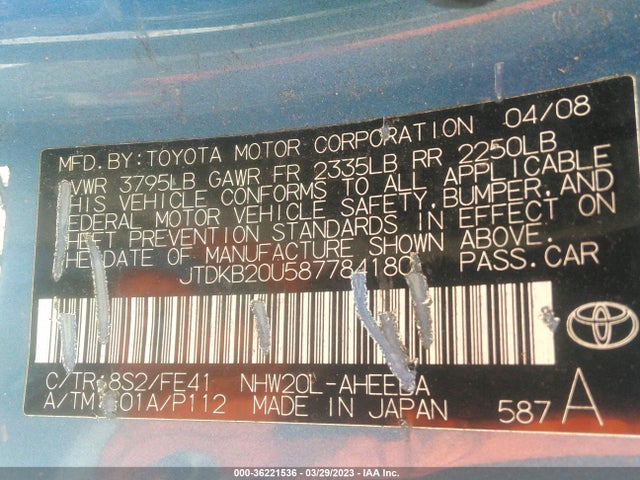 2008 TOYOTA PRIUS VIN: JTDKB20U587784180