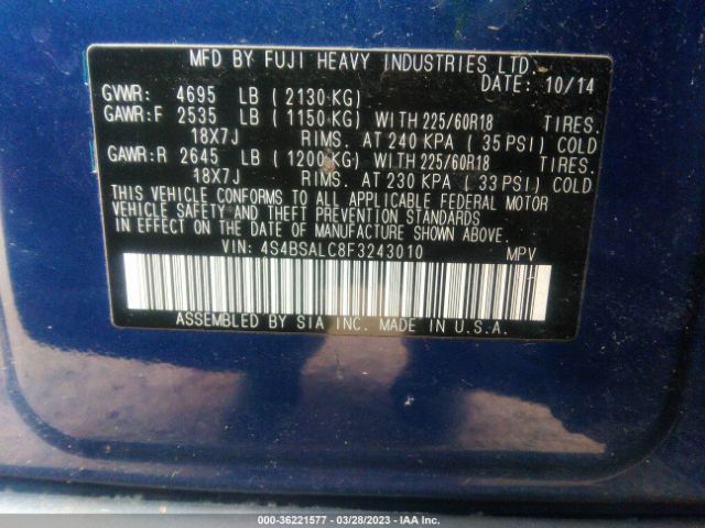 4S4BSALC8F3243010 Subaru Outback 2.5i Limited