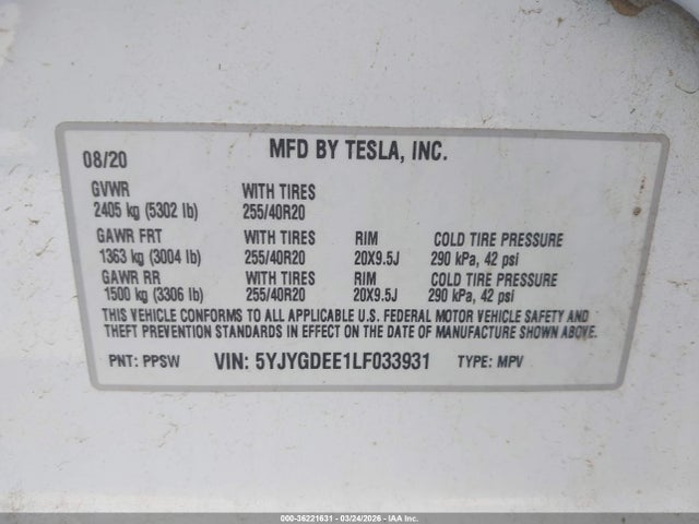 2020 TESLA MODEL Y 5YJYGDEE1LF033931 Photo 8