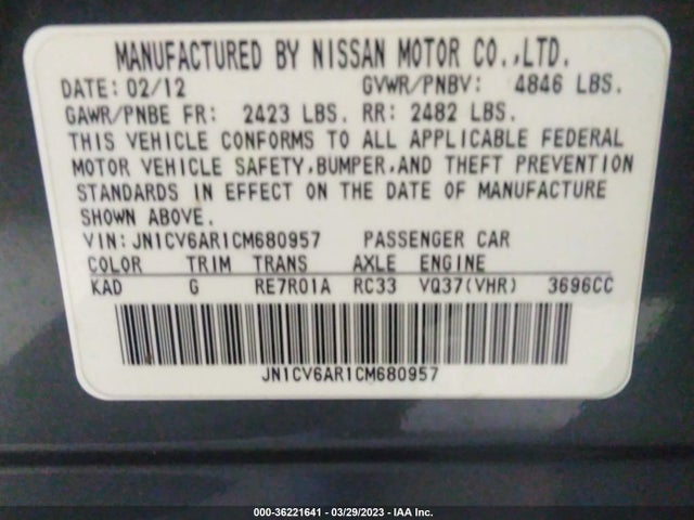 2012 INFINITI G37 SEDAN X VIN: JN1CV6AR1CM680957