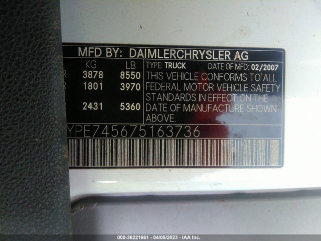 2007 FREIGHTLINER SPRINTER 2500 VIN: WDYPE745675163736