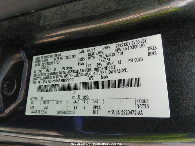 2017 FORD F-150 XL/XLT/LARIAT VIN: 1FTEX1CP8HFB85990