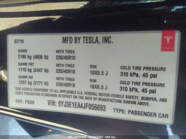 Tesla Model 3 Range Battery 2018 5YJ3E1EA4JF056693 Image 10