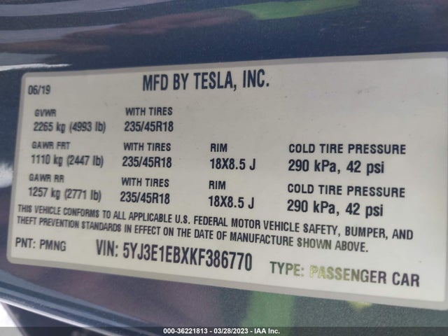 Tesla Model 3 Long Range/performance 2019 5YJ3E1EBXKF386770 Image 10