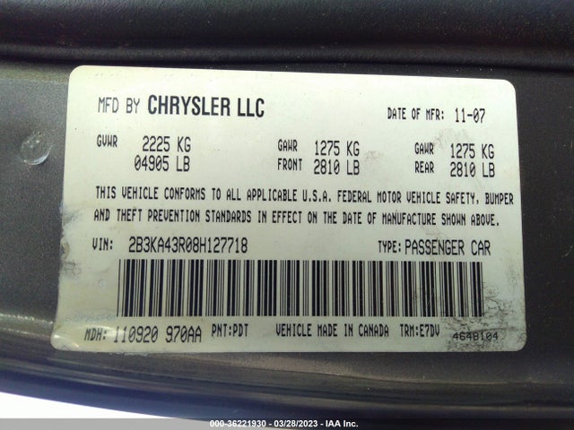 2008 DODGE CHARGER VIN: 2B3KA43R08H127718