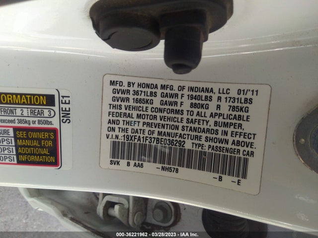 2011 HONDA CIVIC SDN DX-VP VIN: 19XFA1F37BE036292