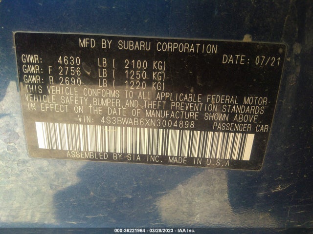 2022 Subaru Legacy, VIN: 4S3BWAB6XN3004898
