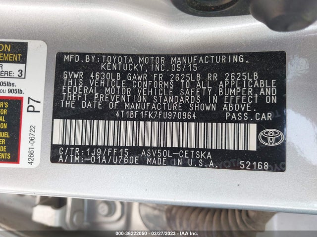 2015 TOYOTA CAMRY XLE/SE/LE/XSE VIN: 4T1BF1FK7FU970964