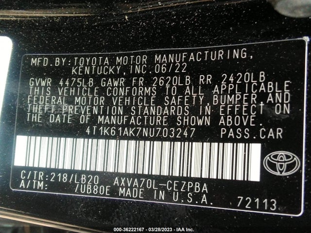 2022 Toyota Camry, VIN: 4T1K61AK7NU703247
