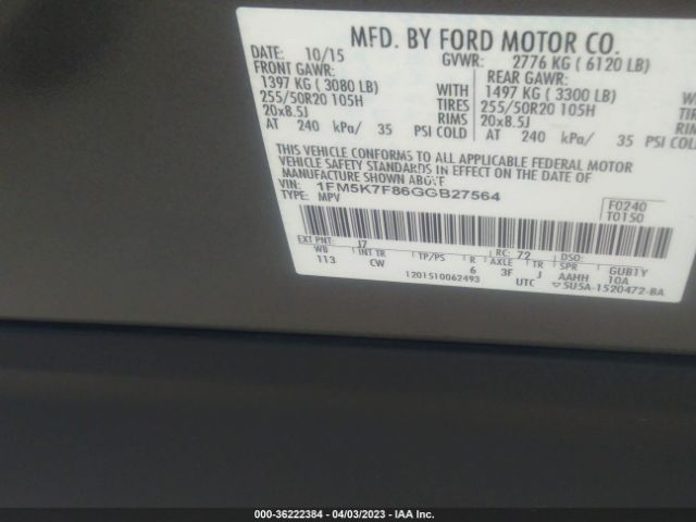1FM5K7F86GGB27564 Ford Explorer Limited