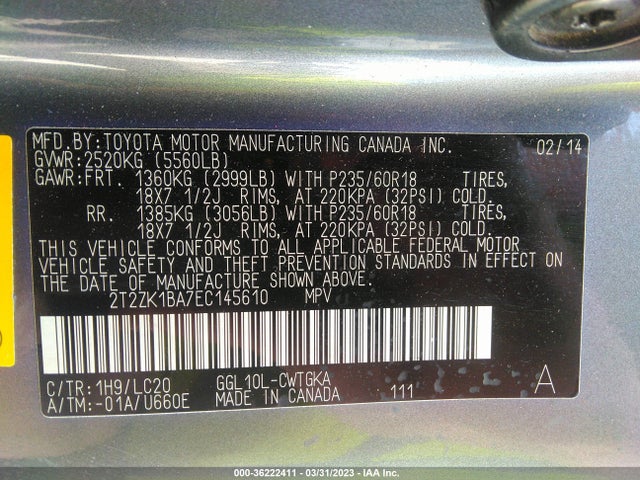 2014 LEXUS RX 350 VIN: 2T2ZK1BA7EC145610