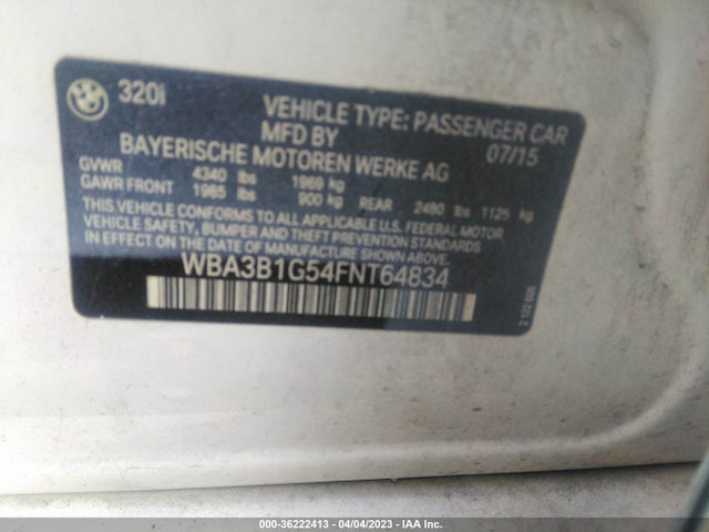 BMW 3 Series 320i 2015 WBA3B1G54FNT64834 Image 9