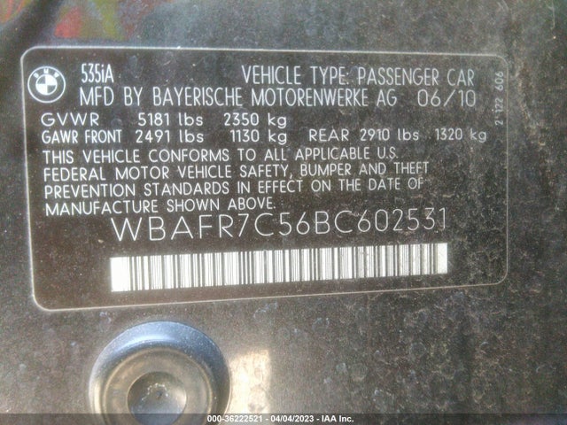 2011 BMW 5 SERIES 535I VIN: WBAFR7C56BC602531