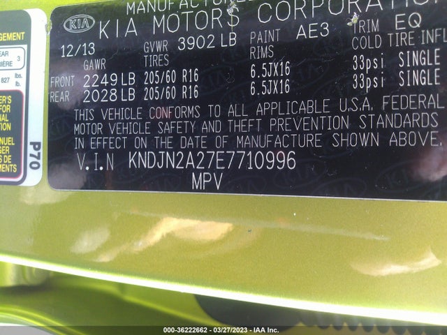 KIA Soul Base 2014 KNDJN2A27E7710996 Image 9