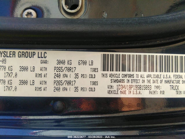 2009 DODGE RAM 1500 SLT VIN: 1D3HV18P19S815893
