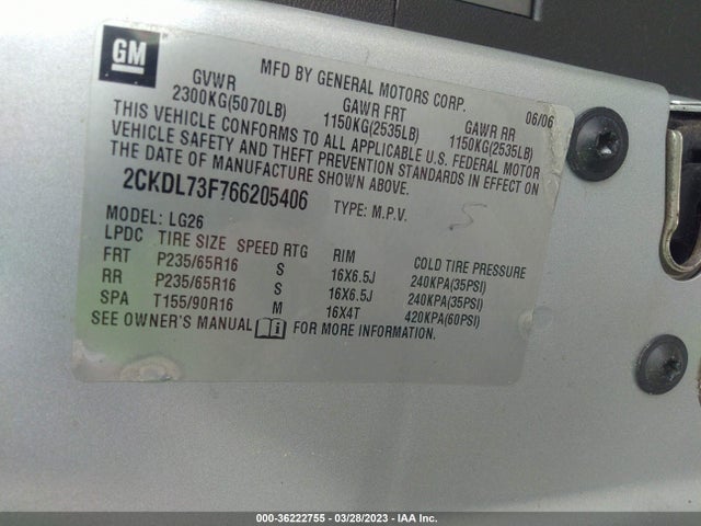 2006 PONTIAC TORRENT VIN: 2CKDL73F766205406