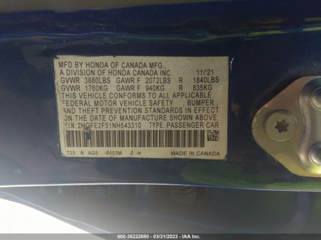 2HGFE2F51NH543310 Honda Civic Sport