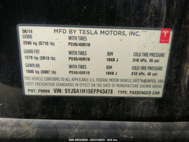 5YJSA1H15EFP43478 Tesla Model S 60 Kwh Battery/p85