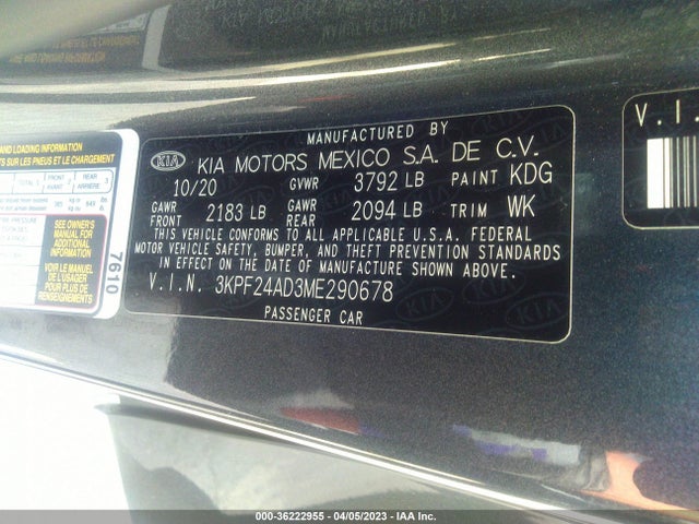 2021 KIA FORTE LXS VIN: 3KPF24AD3ME290678
