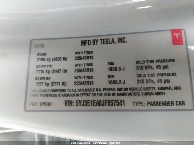 Tesla Model 3 Range Battery 2018 5YJ3E1EA8JF057541 Image 9