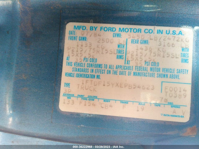 1984 FORD F150 VIN: 1FTDF15YXEPB54623