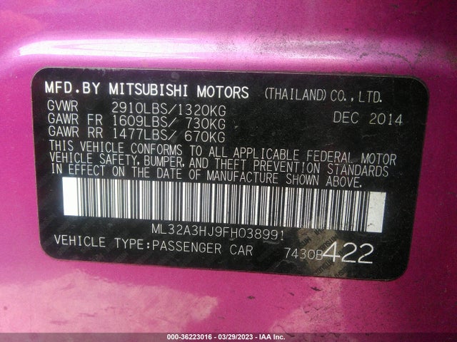 ML32A3HJ9FH038991 Mitsubishi Mirage De/rf