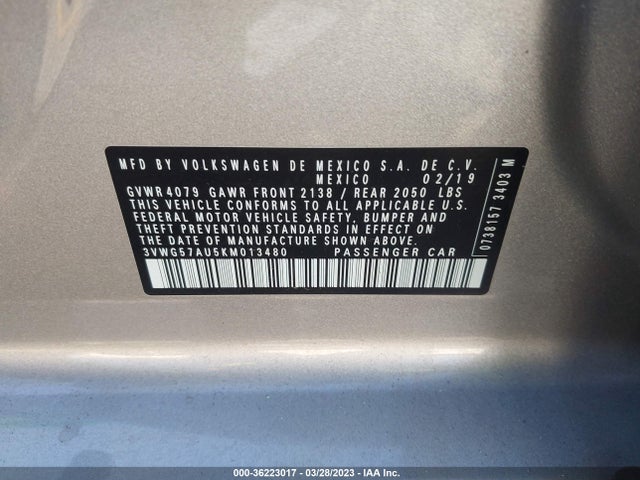 3VWG57AU5KM013480 Volkswagen GOLF S/SE