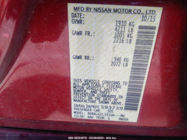 2015 NISSAN ALTIMA 2.5 S VIN: 1N4AL3AP6FC593739