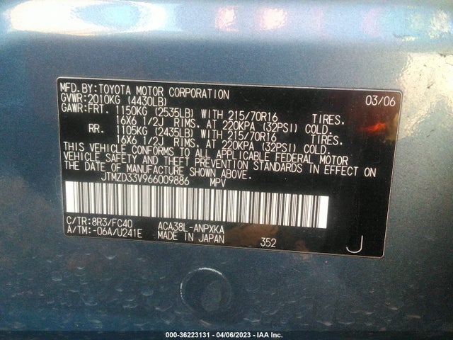 2006 TOYOTA RAV4 BASE VIN: JTMZD33V966009886
