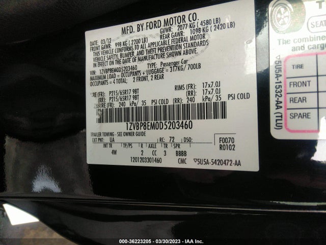 2013 FORD MUSTANG V6 VIN: 1ZVBP8EM0D5203460