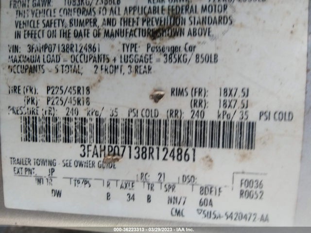 2008 FORD FUSION SE VIN: 3FAHP07138R124861