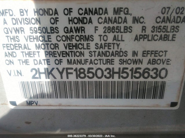 2003 HONDA PILOT EX VIN: 2HKYF18503H515630