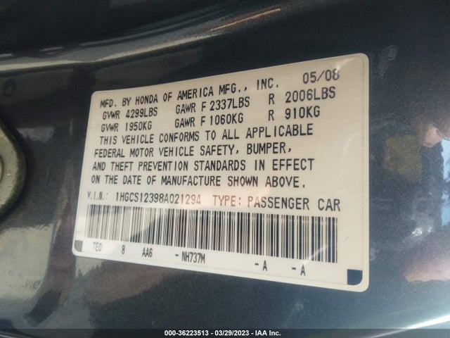 2008 HONDA ACCORD CPE LX-S VIN: 1HGCS12398A021294