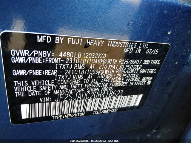 2016 SUBARU FORESTER 2.5I PREMIUM VIN: JF2SJADC2GH418623