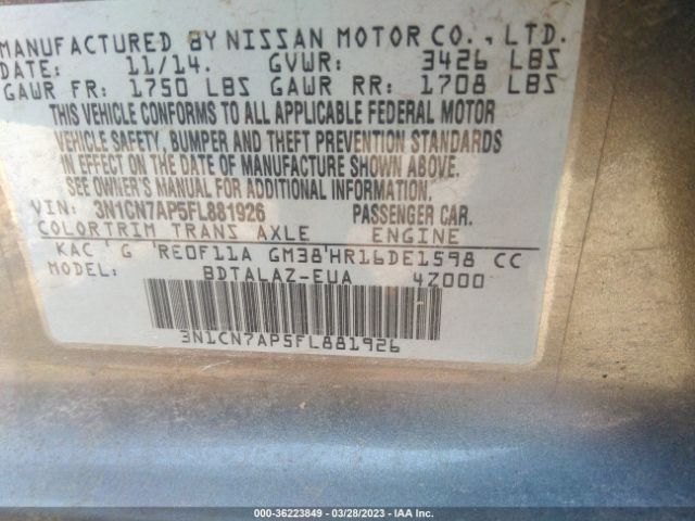 3N1CN7AP5FL881926 Nissan Versa S Plus